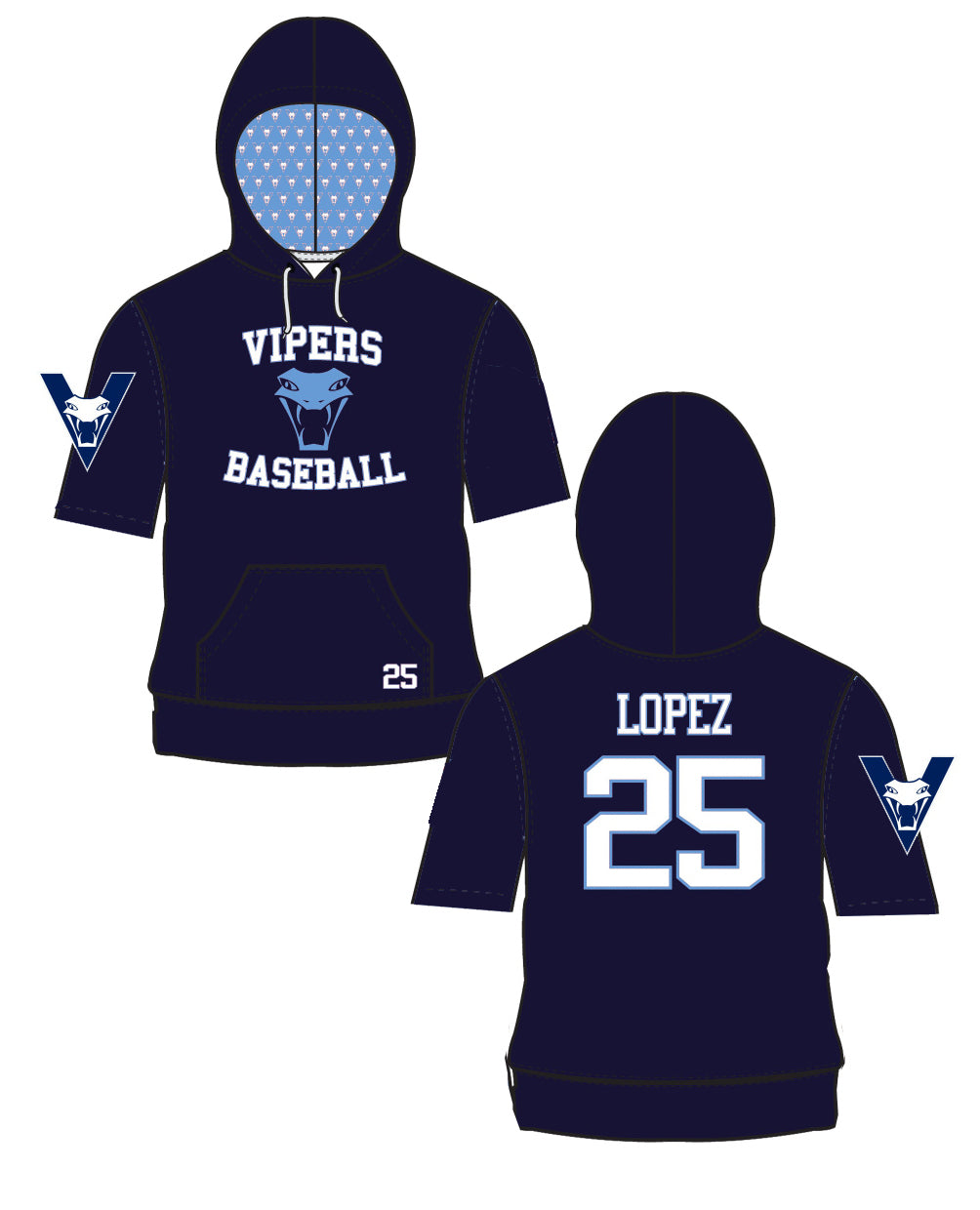 Sublimated Vipers SHORT SLEEVE Hoodie - With Custom Name and Number (2-3 week Turn Time) 2024