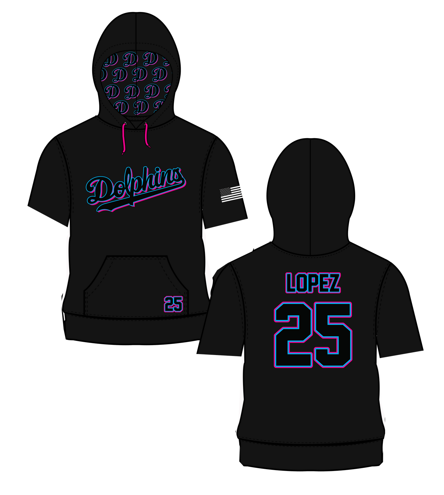 Dolphins - Shortsleeve Sublimated Hoodie - Black (3 week turn time)