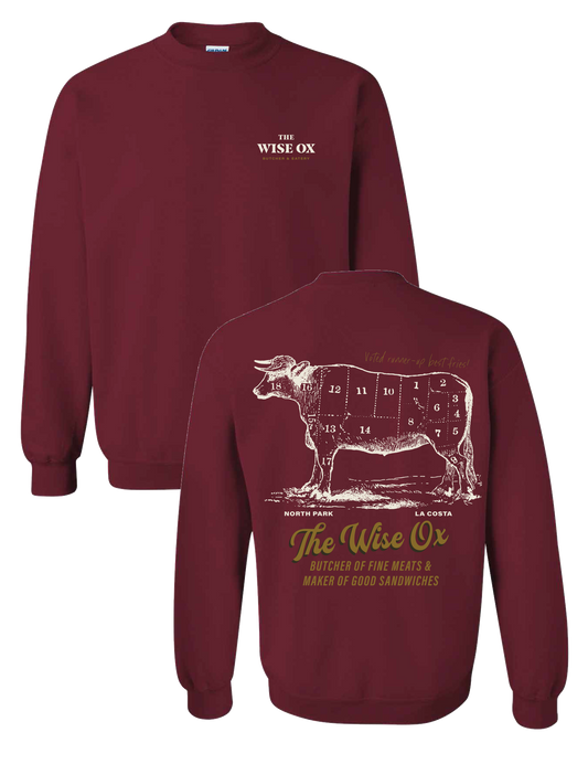 Wise Ox Oxen Butcher Gildan Maroon Crewneck